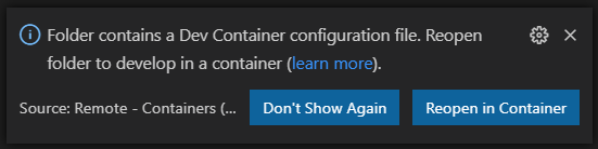 &ldquo;Folder contains a Dev Container configuration file.&rdquo;