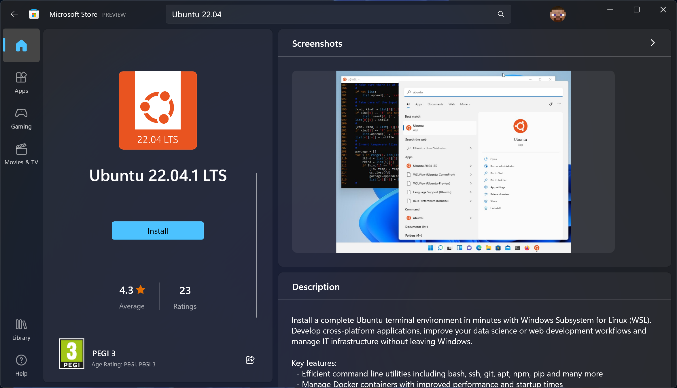 “Ubuntu 22.04 page on the Store”